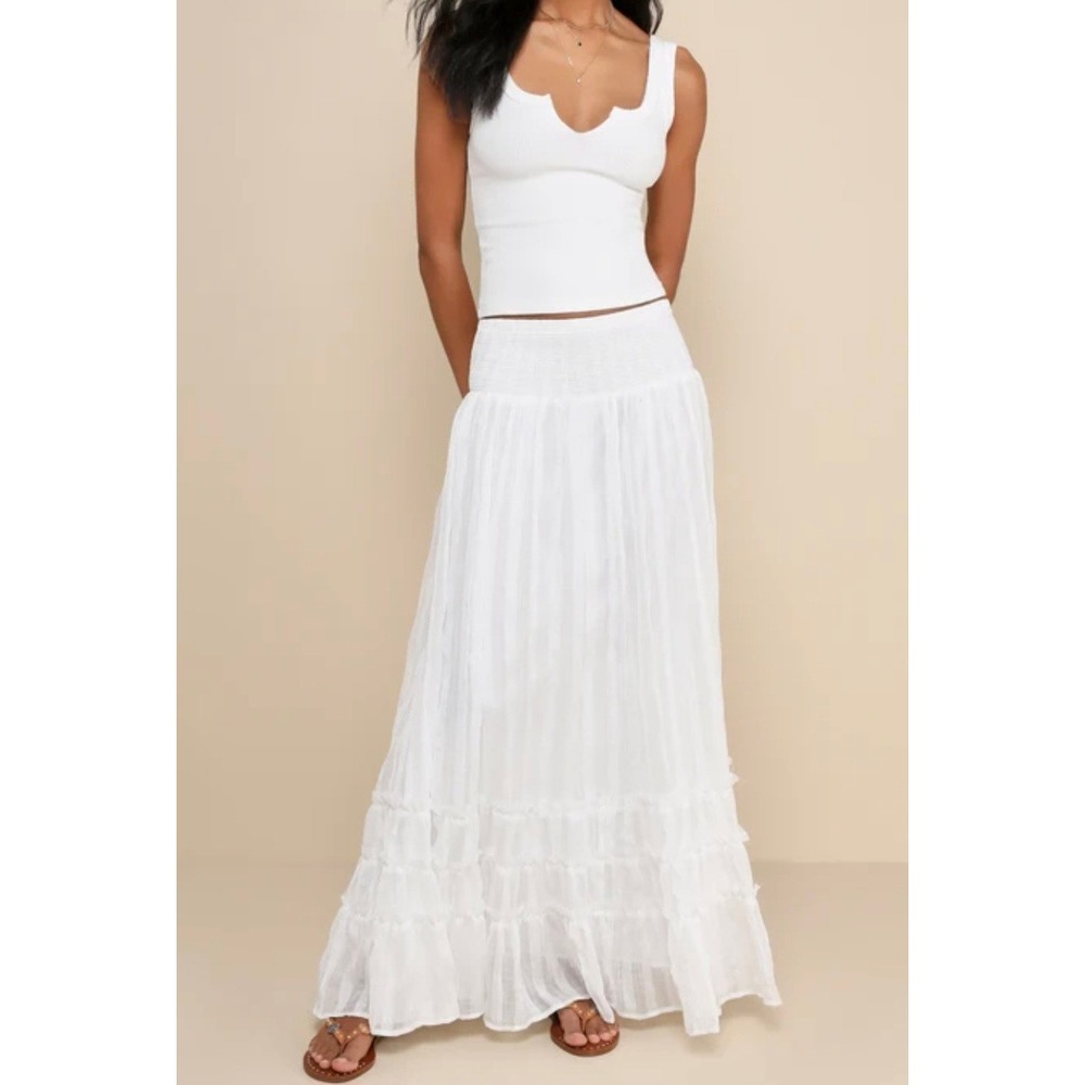 Lulus White Smocked Tiered Maxi Skirt Boho Flowy Textured Small